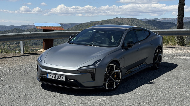 Front 3/4 view of a matte grey Polestar 5