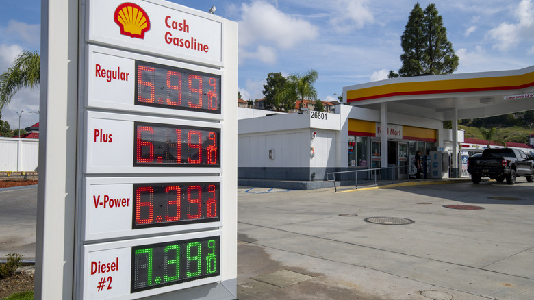 Gas prices on a sign at a Shell in Santa Clarita, California