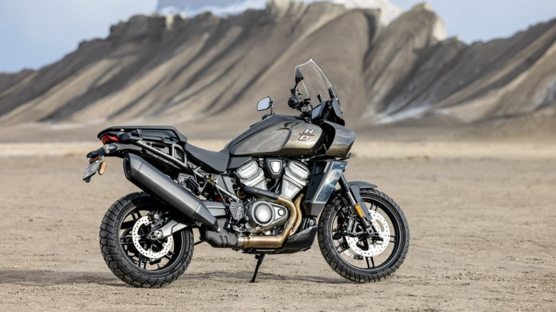 A black Harley-Davidson Pan America 1250 by a dessert hill