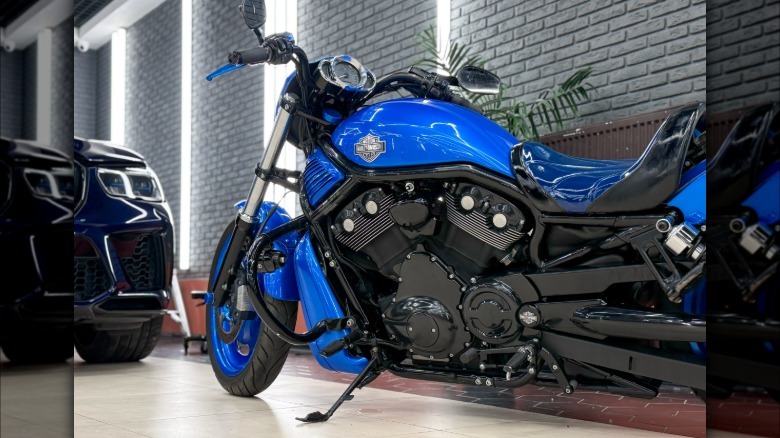 Blue Motorcycle Harley Davidson Classic in the showroom.