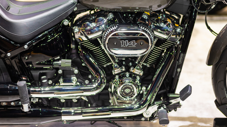 A close-up of a Harley-Davidson Milwaukee-Eight 114 engine in a motorcycle