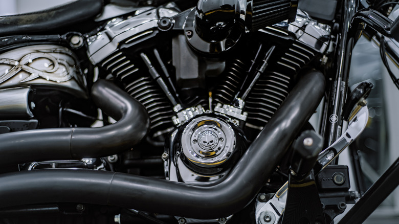 A close-up of a Harley-Davidson Milwaukee-Eight engine