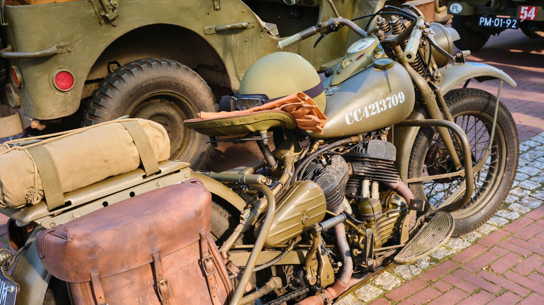 Restored Harley-Davidson Liberator WLA military motorcycle on display during a World War II liberation commemoration tour and event in Drenthe province.