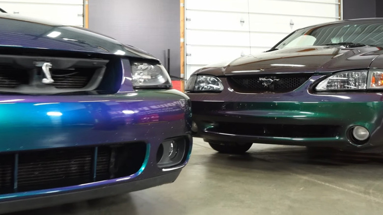 A 2004 Ford Mustang SVT Cobra in Mystichrome and a 1996 Ford Mustang SVT Cobra in Mystic sit in a garage