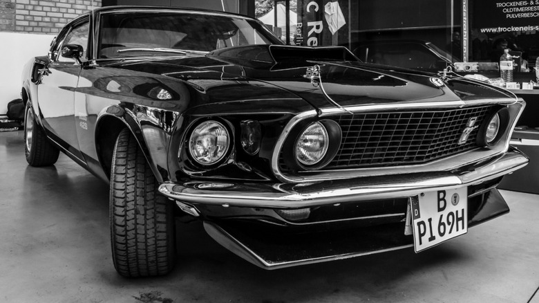A black 1969 Ford Mustang Boss 429