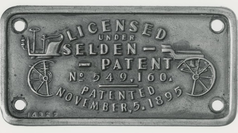 A close up of the Selden patent plaque