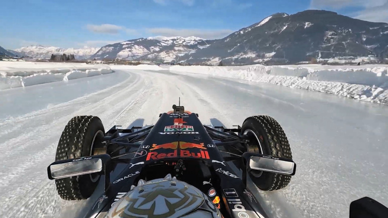 Max Verstappen drives Red Bull RB8 on ice at Ice GP