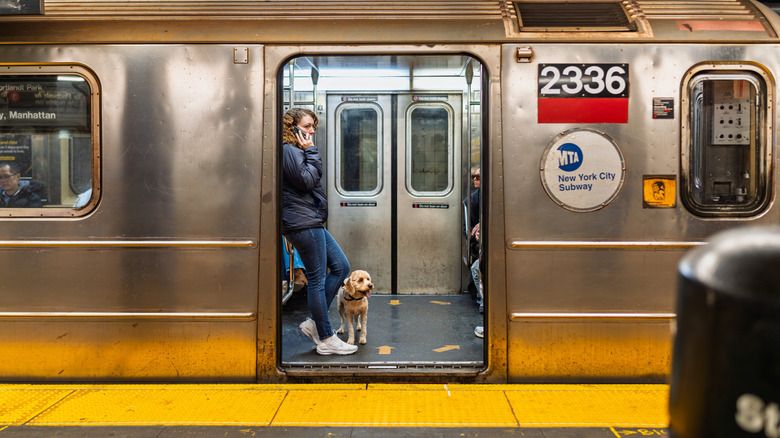 Woman standing with her dog on the subway