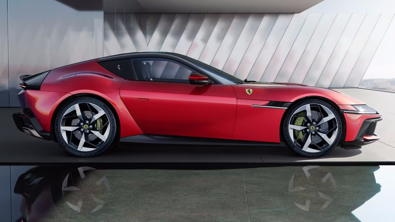 A red Ferrari 12Cilindri in passenger-side profile