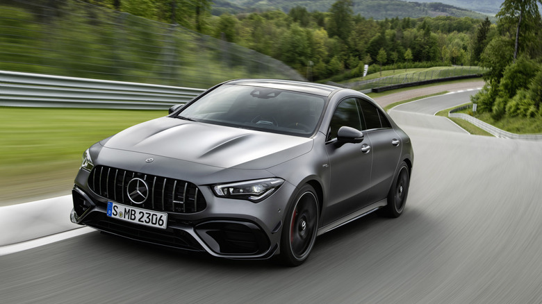 A gray 2020 Mercedes-AMG CLA 45 on a roadway.