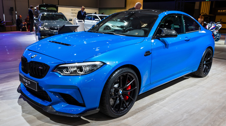 2020 BMW M2 CS in blue parked in an auto show
