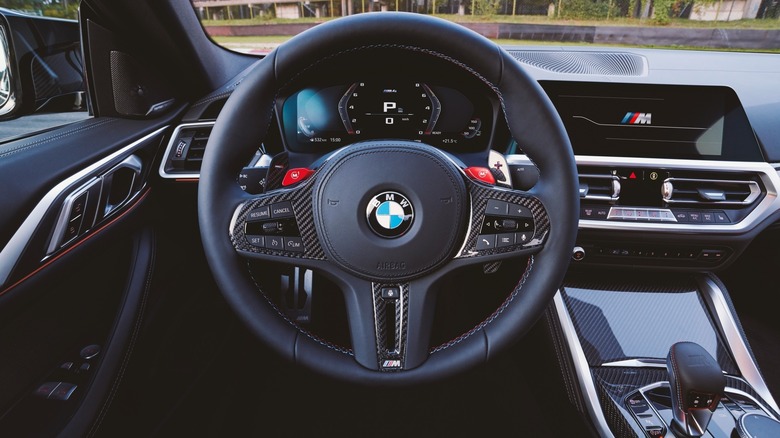The steering wheel of a 2020 BMW M4.