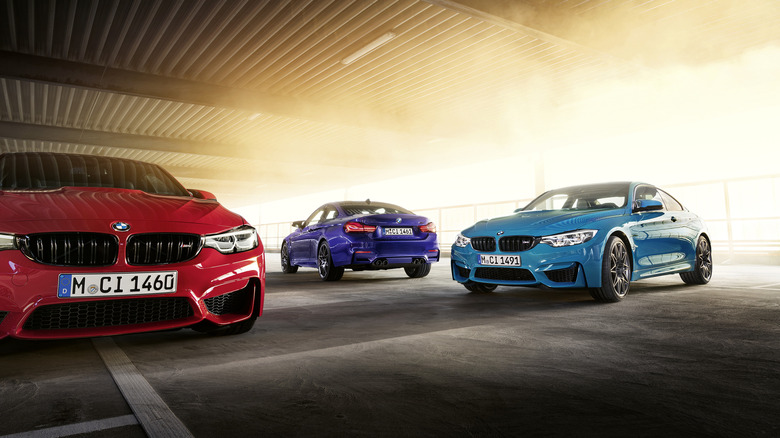Three 2020 BMW Edition ///M Heritage coupes in Laguna Seca Blue, Velvet Blue, and Imola Red II colors.