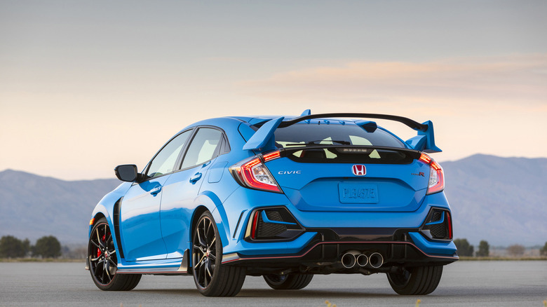Rear 3/4 of 2020 Honda Civic Type R in light blue