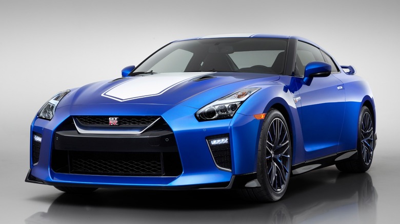 Front view of a blue 2020 Nissan GT-R.