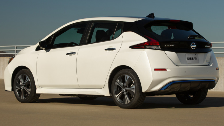 A 3/4 rear shot of a 2020 Nissan Leaf
