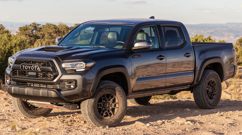 A 3/4 front view of a gray 2020 Toyota Tacoma TRD Pro