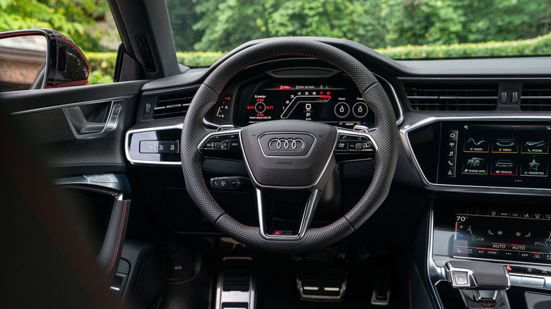 Interior shot of a Tango Red 2021 Audi RS 7