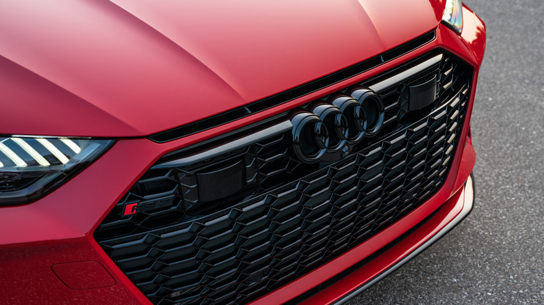 Front grille shot of a red 2021 Audi RS 7