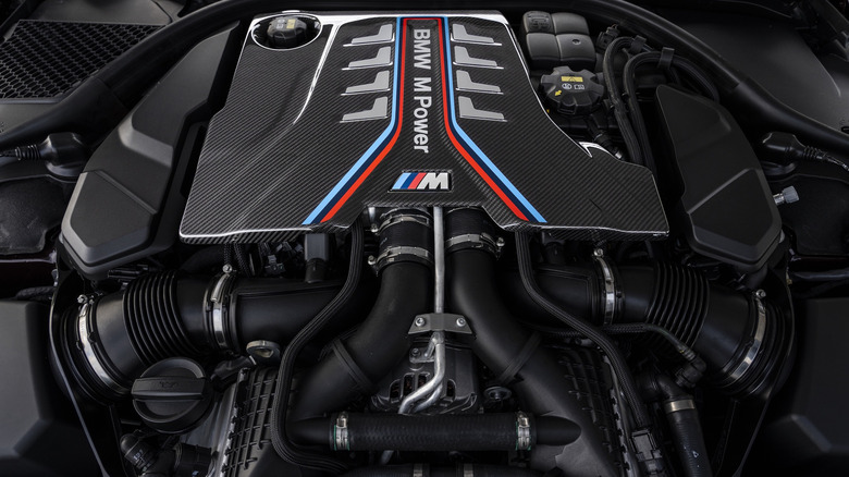 The BMW 4.4-liter S63 engine in all its carbon fiber-covered glory.