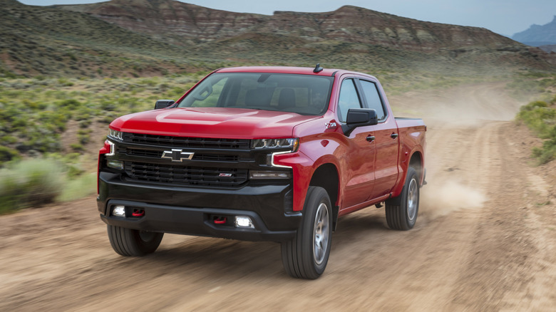 A 2021 Chevrolet Silverado Trail Boss on a desert road.