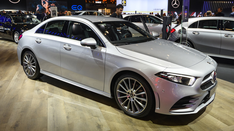 A silver Mercedes-Benz A 200 on display at an auto show.
