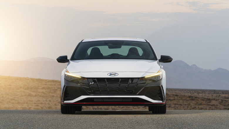 Front view of a white 2023 Hyundai Elantra N.