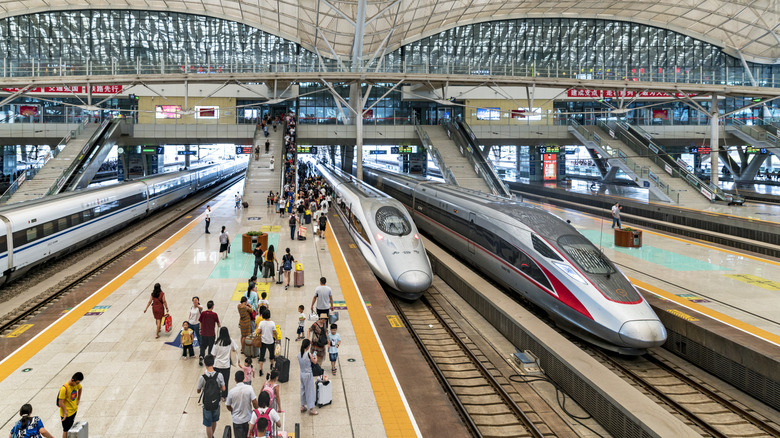 High-speed trains ready to leave the Wuhan Station in China.
