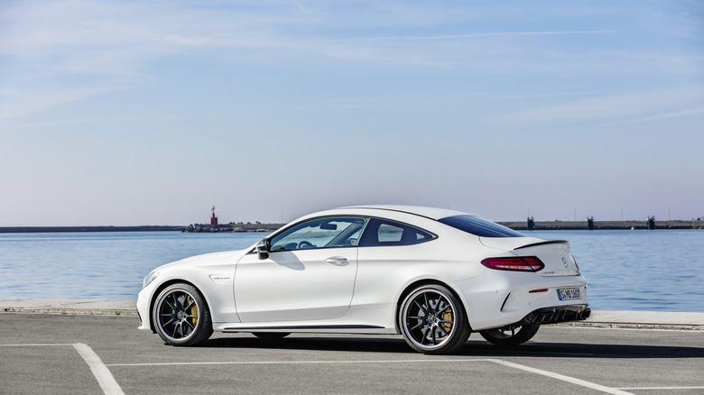 Rear shot of a 2019 Mercedes-Benz C 63 S AMG Coupe in white
