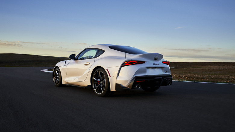 A white 2021 Toyota GR Supra on a track