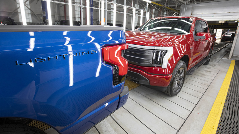 Ford F-150 Lightning pickup trucks at the Ford Rouge Electric Vehicle Center in Dearborn, Michigan