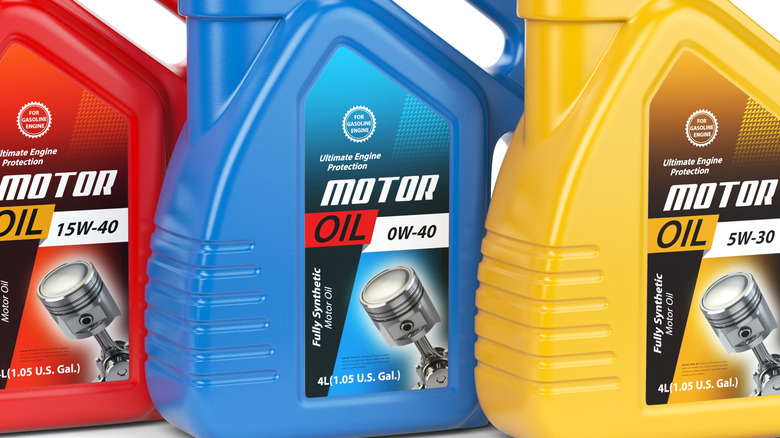 Motor oil of various grades in colorful bottles