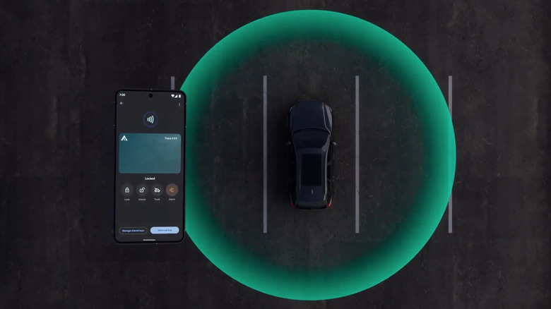 An android phone with the digital car key app shown next to a car