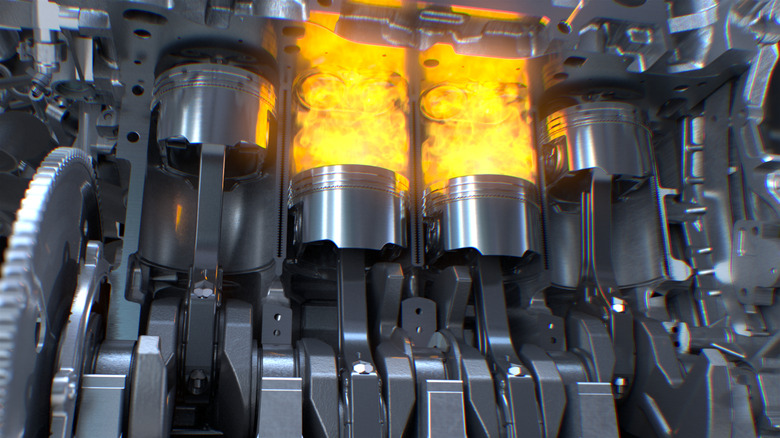 An illustration of combustion with a view inside the engine cylinders