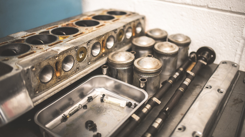 An engine taken apart during a repair and rebuild project