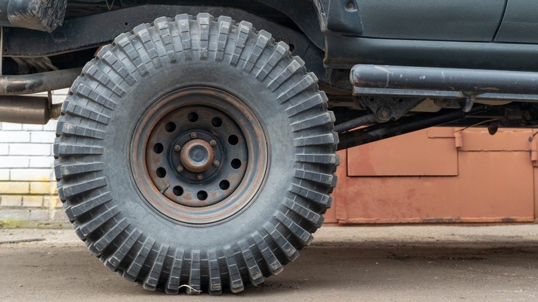 A big mud tire on a lifted vehicle