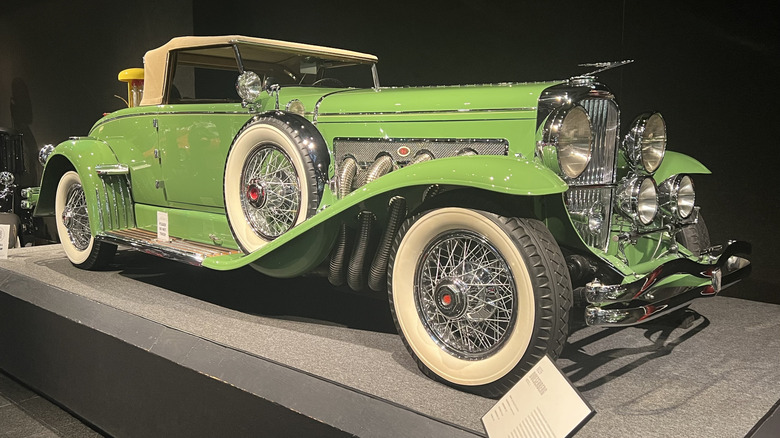A lime green 1929 Duesenberg Model J on display at the Blackhawk Museum in California