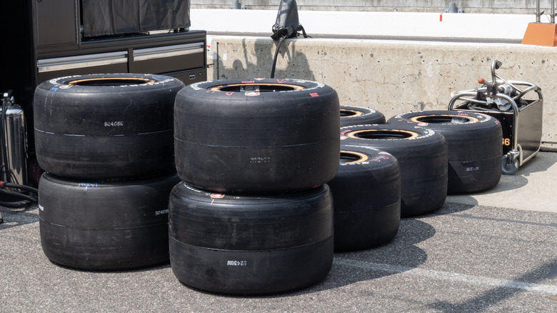 Firestone racing tires on the pitlane at IndyCar