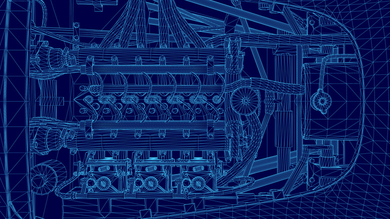 A blueprint diagram of a sportscar engine