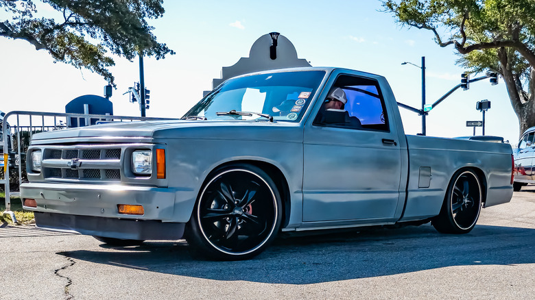 A 1992 Chevrolet S10 pickup at a local car show to highlight its lowered suspension