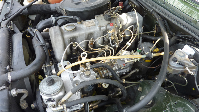 Under-hood shot of a 300td engine.