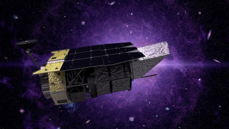 Artist's rendering of the Nancy Grace Roman Space Telescope against a purple nebula cloud.
