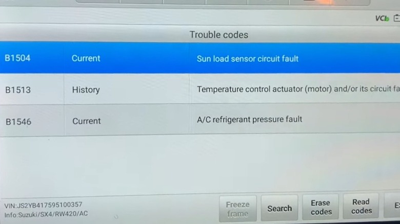 Code B1504 sun load sensor circuit fault displayed on code reader