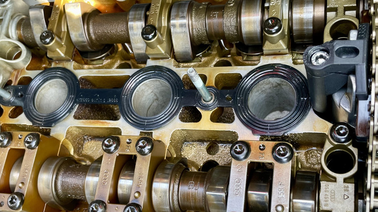The camshafts and lifters inside an Audi twin-turbo 2.7-liter V6 engine.