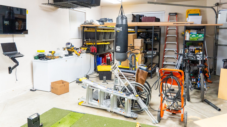 A full and cluttered garage