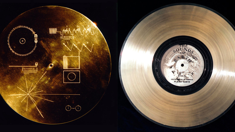 The pictographic cover (left) of the Golden Record (right) on NASA's Voyager probes