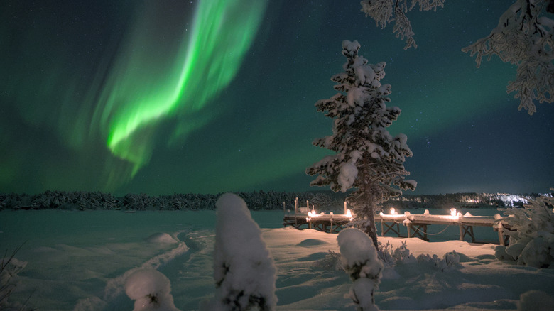 The Northern Lights in Kiruna, Sweden, in the winter.