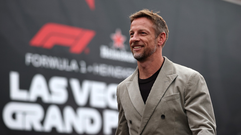 Jenson Button arrives in the Paddock prior to final practice ahead of the F1 Grand Prix of Las Vegas at Las Vegas Strip Circuit on November 21, 2025 in Las Vegas, Nevada.