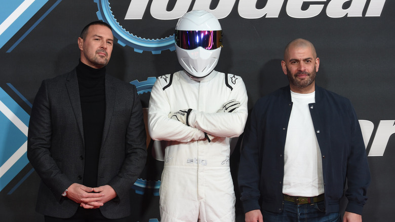 Paddy McGuinness, The Stig and Chris Harris attend the "Top Gear" World TV Premiere at Odeon Luxe Leicester Square on January 20, 2020 in London, England.