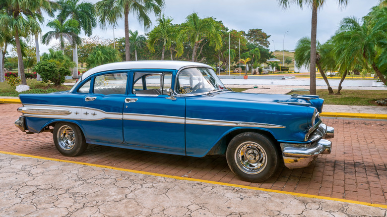 The Pontiac Chieftain is a full-size automobile manufactured from 1949 to 1958 by the Pontiac division of General Motors. Vintage blue car 1957